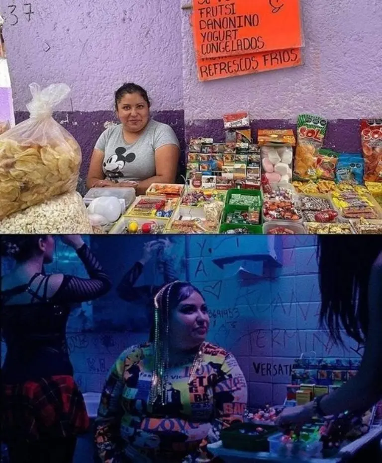 La vendedora de dulces en su puesto de trabajo auténtico y con makeup y outfit de fiesta en el video de