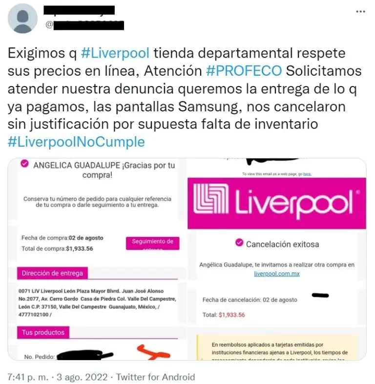 Quejas contra Liverpool por cancelar compras (Twitter)