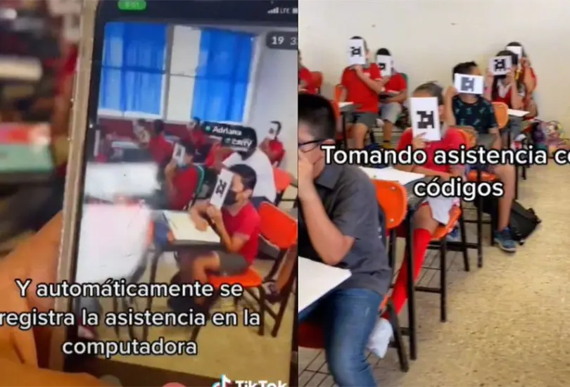 La profesora escanea los c&oacute;digos QR de sus alumnos con su tel&eacute;fono celular y &eacute;ste detecta inmediatamente los nombres de sus alumnos sin tener que pasar lista como se ha hecho tradicionalmente 