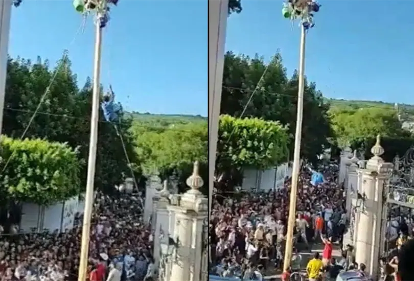 El joven resbal&oacute; a unos cuantos metros de alcanzar los premios que se encontraban en la cima del palo