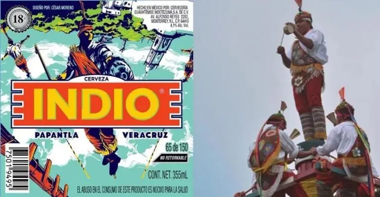 Etiqueta que uso sin autorización la imagen de los voladores de Papantla. Foto: Twitter y Especial.