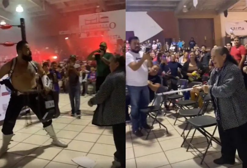 La abuelita no dud&oacute; ni un segundo en enfrentar al luchador, quien, atemorizado, comenz&oacute; a retroceder lentamente