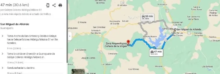 Mapa de la ruta a seguir para llegar a la Cañada de la Virgen. Foto: Google Maps.