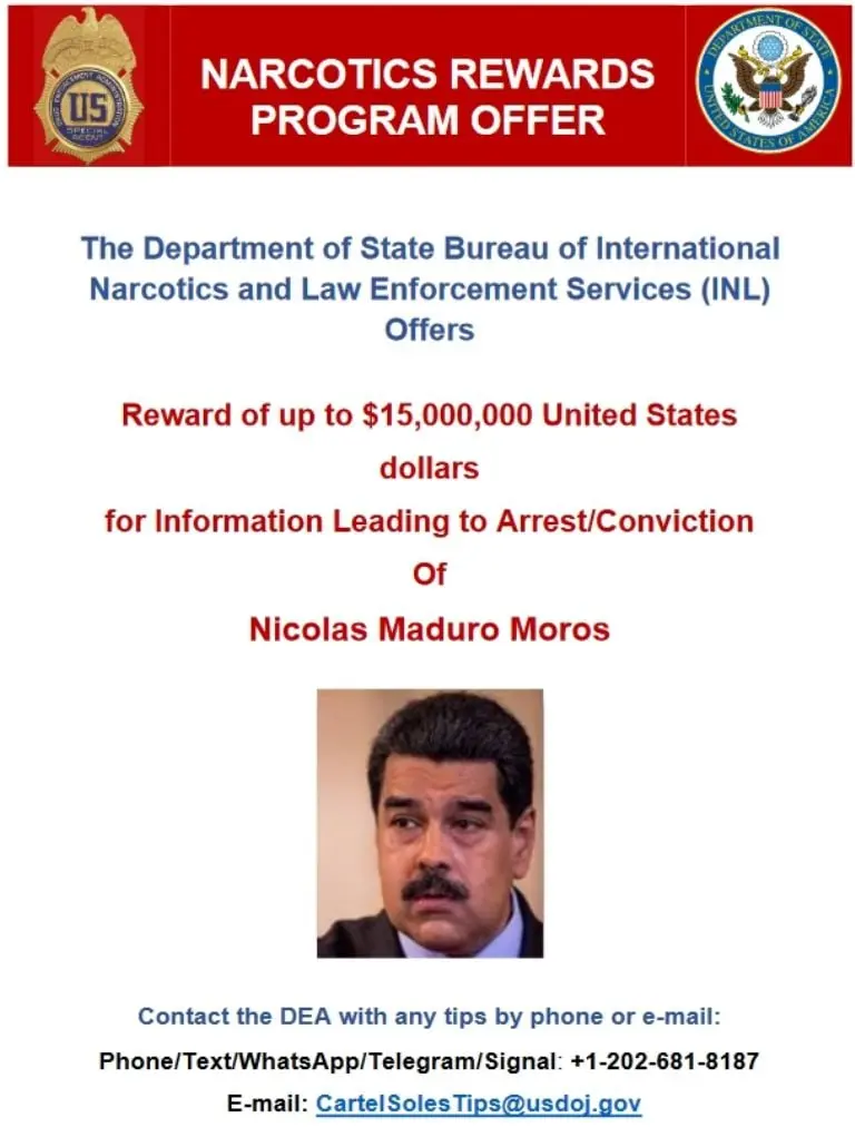 El cartel de recompensa que elaboró el Departamento de Estado. Imagen: state.gov.
