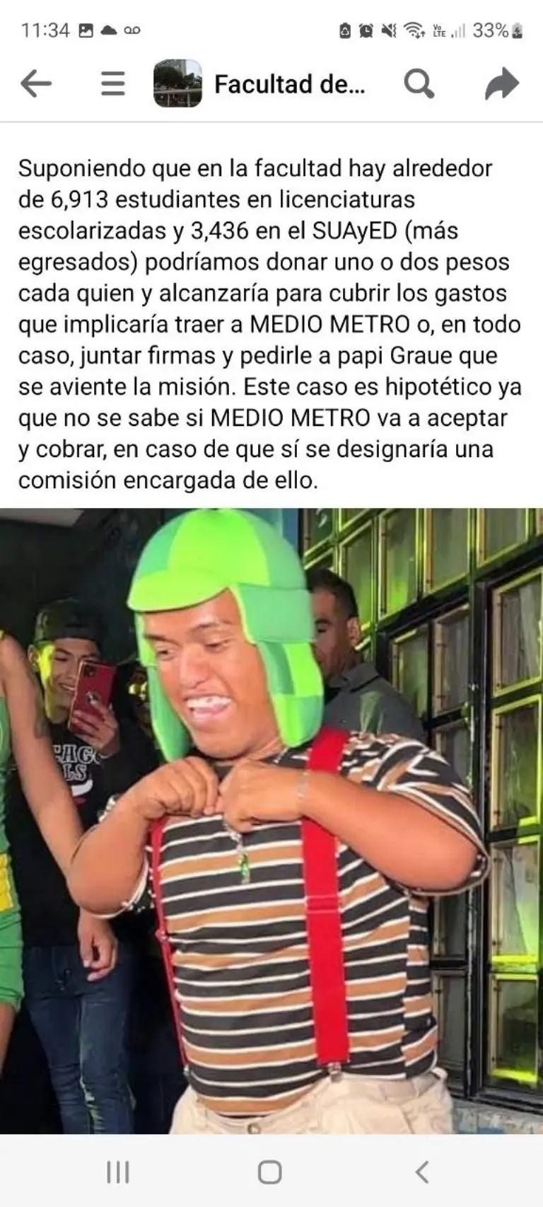 Medio Metro podría visitar facultad de Filosía y Letras UNAM - Tomada de Facebook