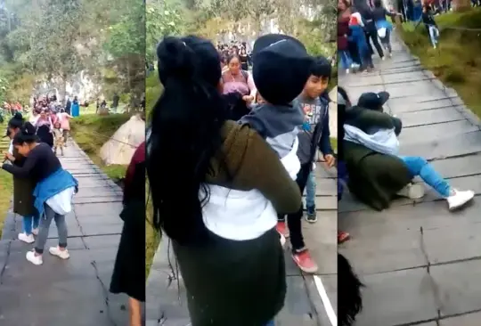 Un video en redes muestra el momento en que se vence el puente con un grupo de turistas cruzando encima, varios de ellos son niños y hay al menos un bebé en brazos. Un video en redes muestra el momento en que se vence el puente con un grupo de turistas cruzando encima, varios de ellos son niños y hay al menos un bebé en brazos.