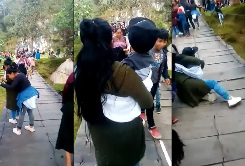 Un video en redes muestra el momento en que se vence el puente con un grupo de turistas cruzando encima, varios de ellos son niños y hay al menos un bebé en brazos. Un video en redes muestra el momento en que se vence el puente con un grupo de turistas cruzando encima, varios de ellos son niños y hay al menos un bebé en brazos.