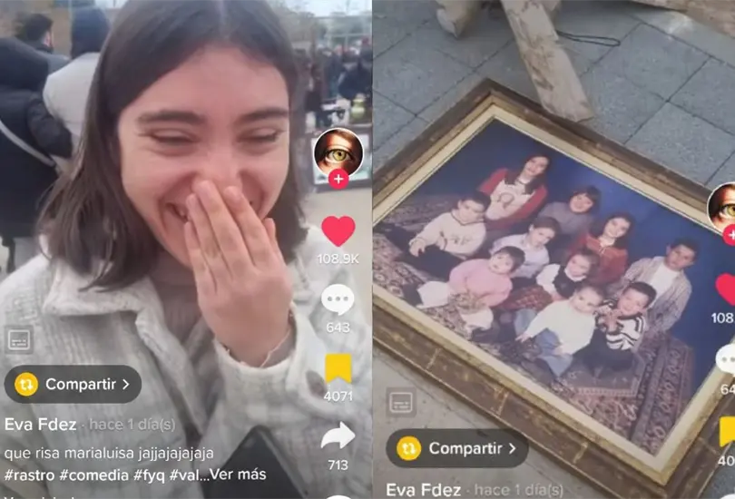 La joven se dijo sorprendida al ver el cuadro de su familia en el mercado de antigüedades conocido como El Rastro en Madrid, España La joven se dijo sorprendida al ver el cuadro de su familia en el mercado de antigüedades conocido como El Rastro en Madrid, España