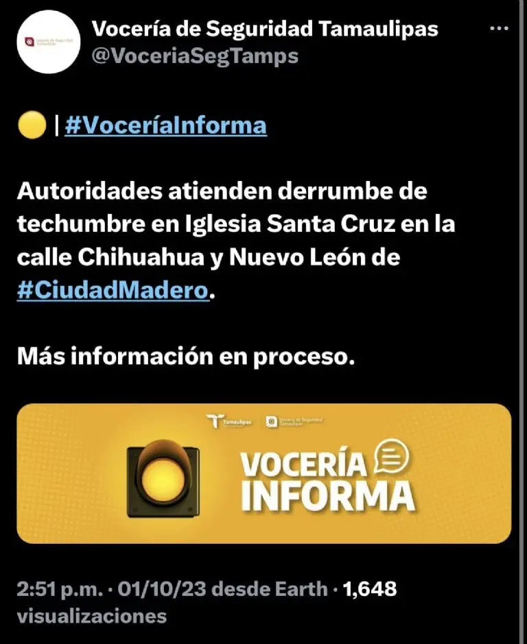 Se derrumba el techo de una iglesia en Tamaulipas, reportan personas atrapadas Créditos: Captura de pantalla