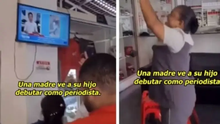 Madre llora por ver a su hijo periodista debutar en televisión. Foto: Tik Tok