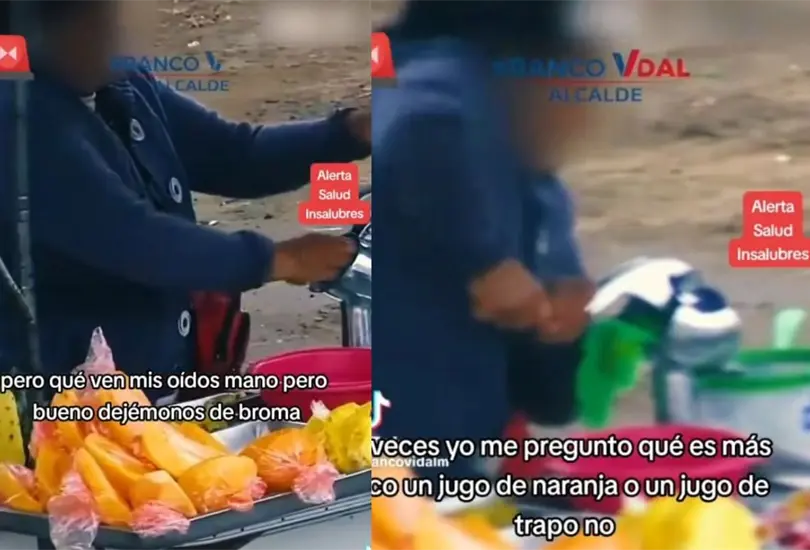 Exhiben a vendedora de jugos de naranja utilizando un trapo sucio para rellenar los vasos
