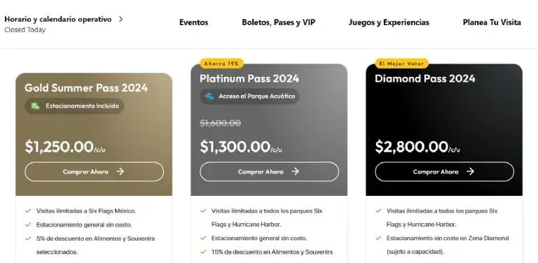Precios de pase anual 2024 de Six Flags (Captura de pantalla)