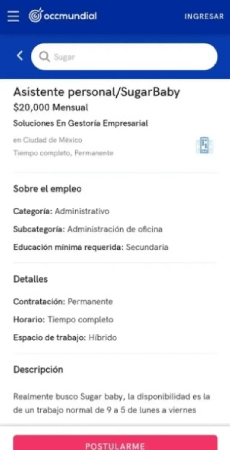 Lanzan vacante de sugar baby - Captura de pantalla