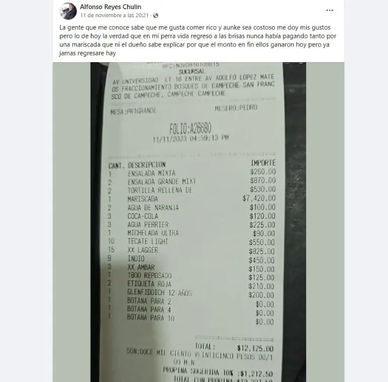 Restaurante cobra 7 mil pesos por una mariscada (Facebook)