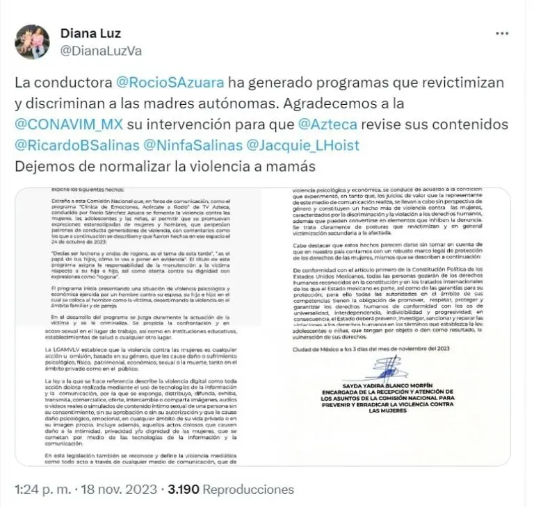 Conavim lanza advertencia a Roció Sánchez Azuara - X