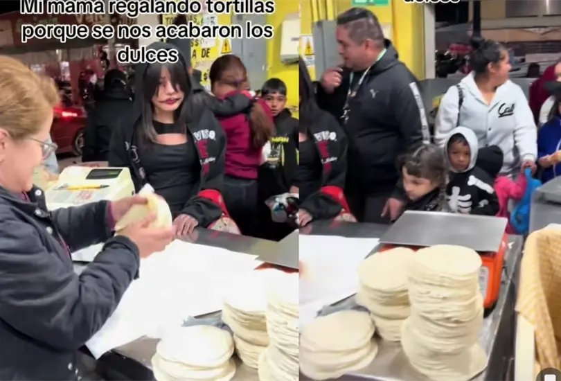 D&iacute;a de Muertos: mujer regala tortillas de calaverita tras quedarse sin dulces y video se viraliza