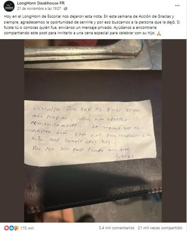 La publicación que se hizo viral en Facebook. Foto: captura de pantalla.