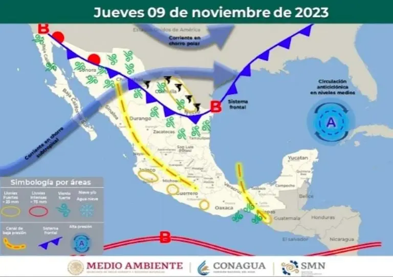 Frente Frío 9 en camino: Estados afectados por lluvias y vientos en esta semana Créditos: CONAGUA