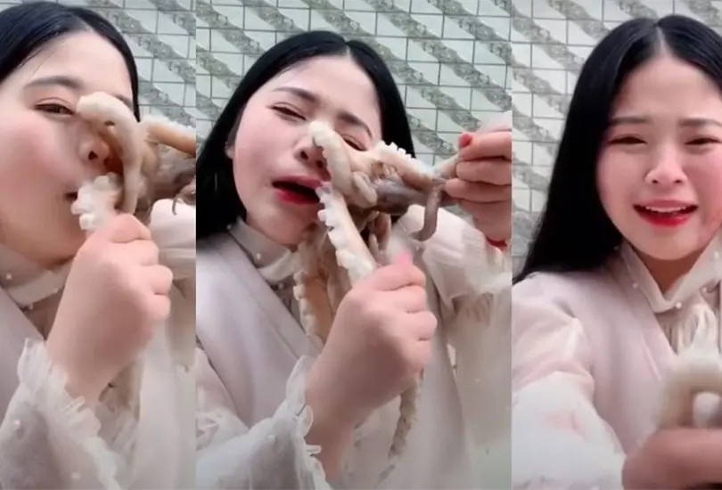 La influencer china Seaside girl Little Seven, quien experiment&oacute; un inusual giro de eventos mientras intentaba comer un pulpo vivo durante una transmisi&oacute;n en vivo.