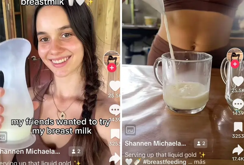 Joven madre da a probar su leche a unos amigos Joven madre da a probar su leche a unos amigos
