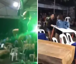 Posadas 2023: Mujer se cuelga del techo y acaba atorada en una mesa tras atrevido baile