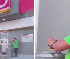 Captan a hombre vaciando su café Andatti del Oxxo en un vaso de Starbucks