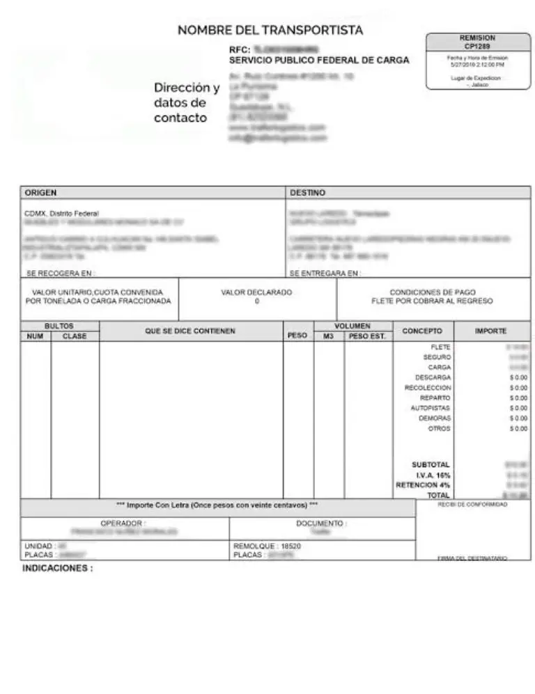 Imagen de ejemplo para la Carta Porte Créditos: RS