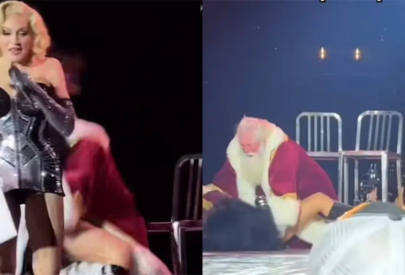 VIDEO| Santa Claus sufre vergonzoso accidente durante concierto de Madonna