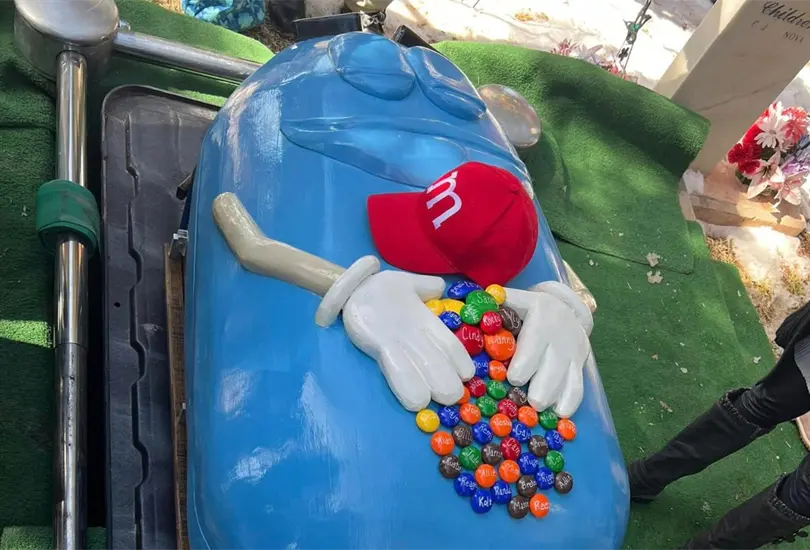 La abuelita fue enterrada con un hermoso y llamativo ata&uacute;d de M&M&acute;s color azul