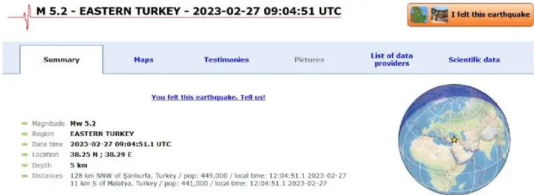Un nuevo sismo en Turquía causó pérdidas humanas y materiales alrededor de las 9:00 horas. Imagen: emsc-csem.org.