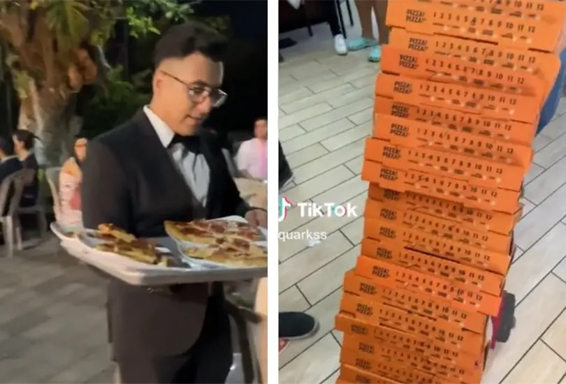 Novios dan de cenar pizza en su boda Novios dan de cenar pizza en su boda