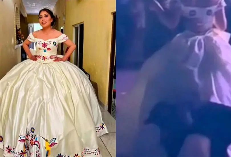 Quincea&ntilde;era es orinada por perrito. 