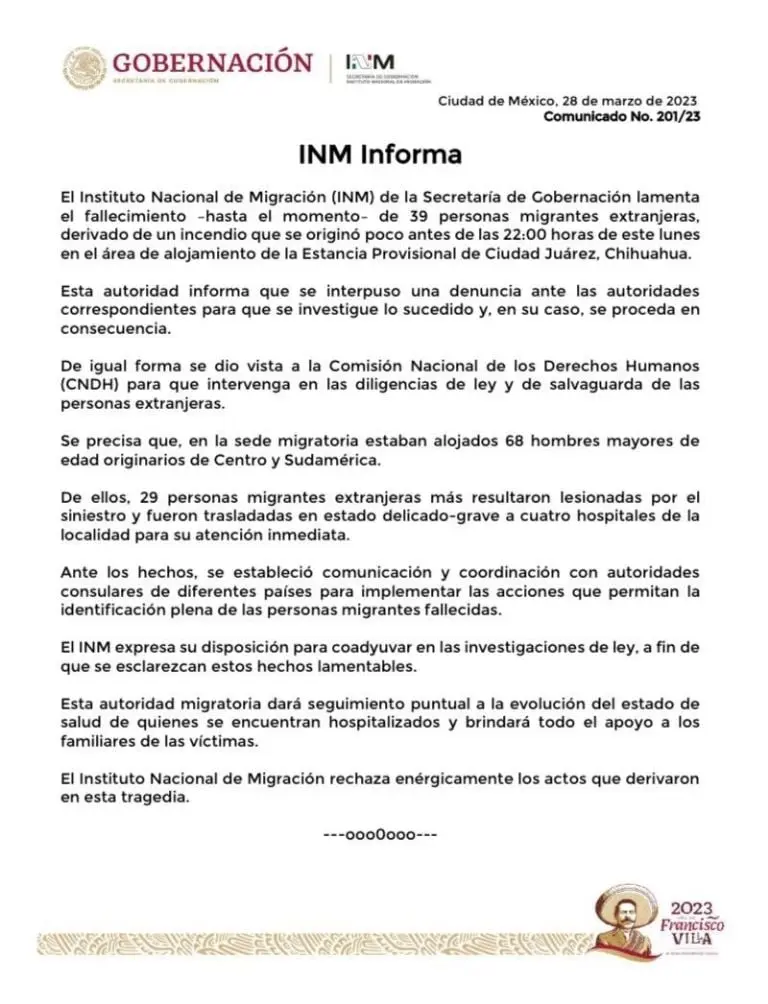 Comunicado del INM sobre incendio en albergue de migrantes.