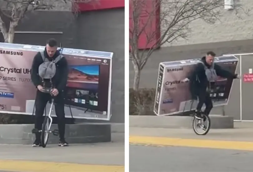 Joven se lleva pantalla en un monociclo Joven se lleva pantalla en un monociclo