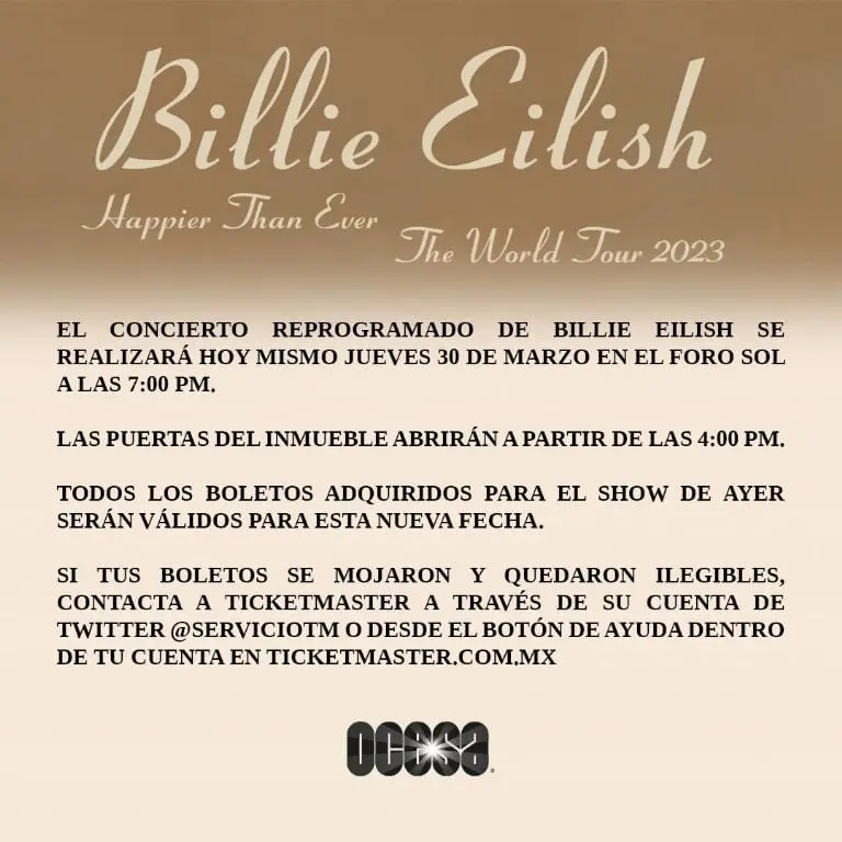 El concierto de Billie Eilish se llevará a cabo hoy jueves 30 e marzo. Fuente: Twitter @ocesa_total