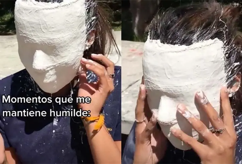 Joven se queda pegada a máscara de yeso y se vuelve viral. Joven se queda pegada a máscara de yeso y se vuelve viral.
