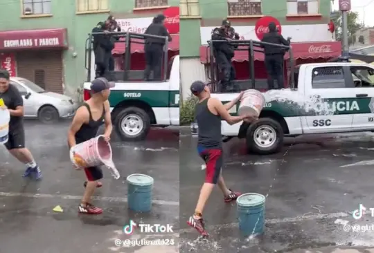 VIDEO: avientan agua a policías en Semana Santa a pesar de la sequía. 