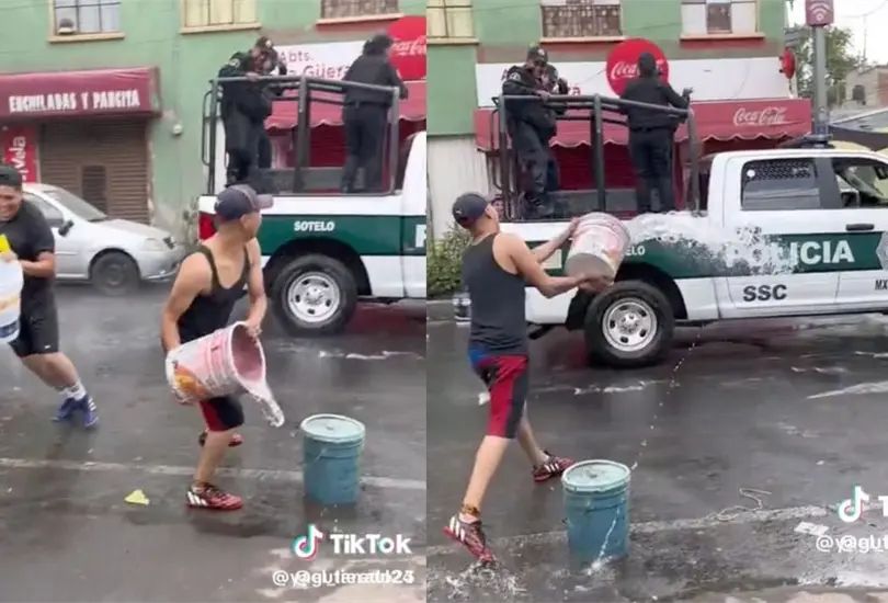 VIDEO: avientan agua a polic&iacute;as en Semana Santa a pesar de la sequ&iacute;a. 