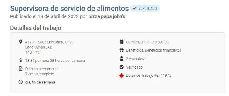La vacante fue publicada en la página de empleos Jobank