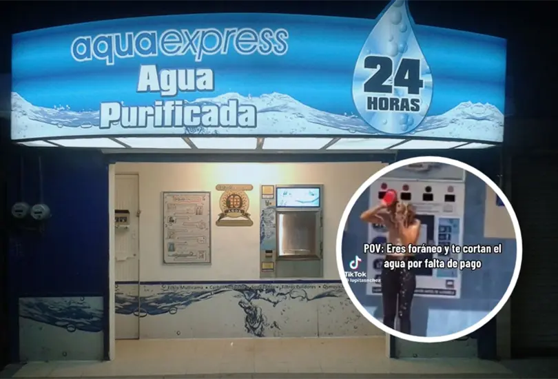 Mujer se ba&ntilde;a en una purificadora de agua