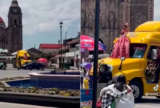Una quinceañera llegó a misa abordo de un tráiler