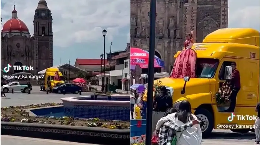 Una quinceañera llegó a misa abordo de un tráiler Una quinceañera llegó a misa abordo de un tráiler