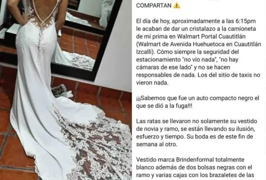 El vestido fue robado del automóvil de la dueña; rompieron el vidrio trasero de su auto. El vestido fue robado del automóvil de la dueña; rompieron el vidrio trasero de su auto.