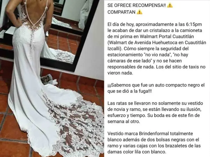 El vestido fue robado del autom&oacute;vil de la due&ntilde;a; rompieron el vidrio trasero de su auto. 