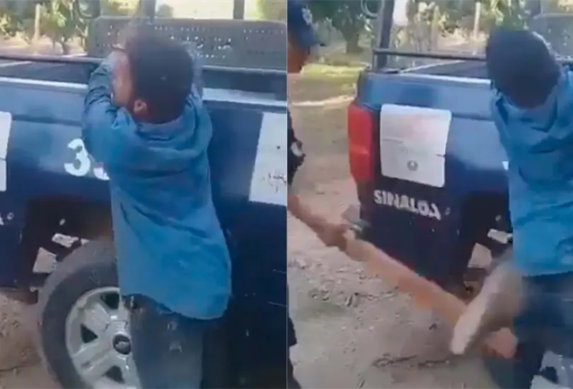  Captan a presunto polic&iacute;as municipales golpeando con una tabla a un hombre en Sinaloa. 