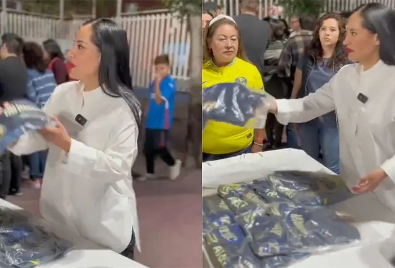 VIDEO: Sandra Cuevas regala playeras del Am&eacute;rica. 