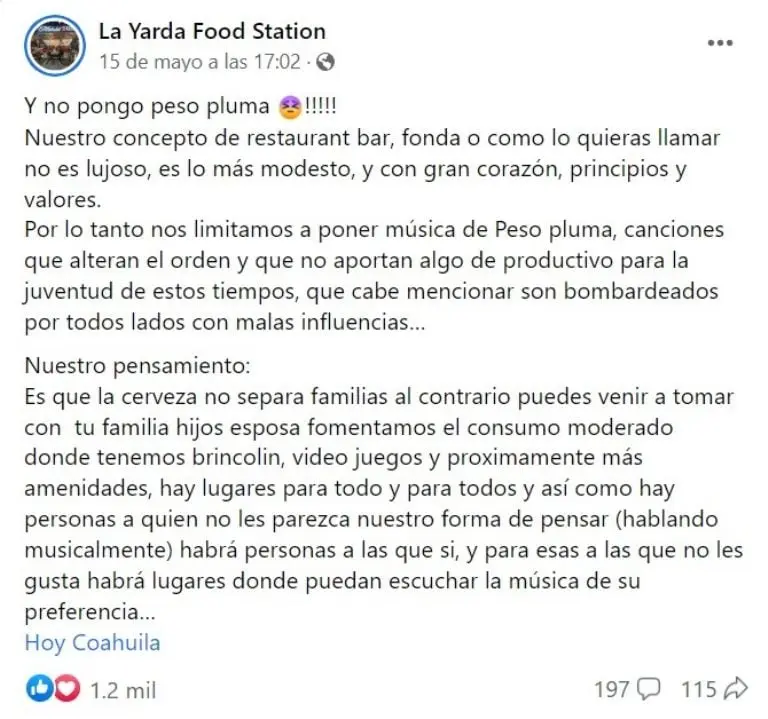 Restaurante prohíbe a Peso Pluma (Facebook)