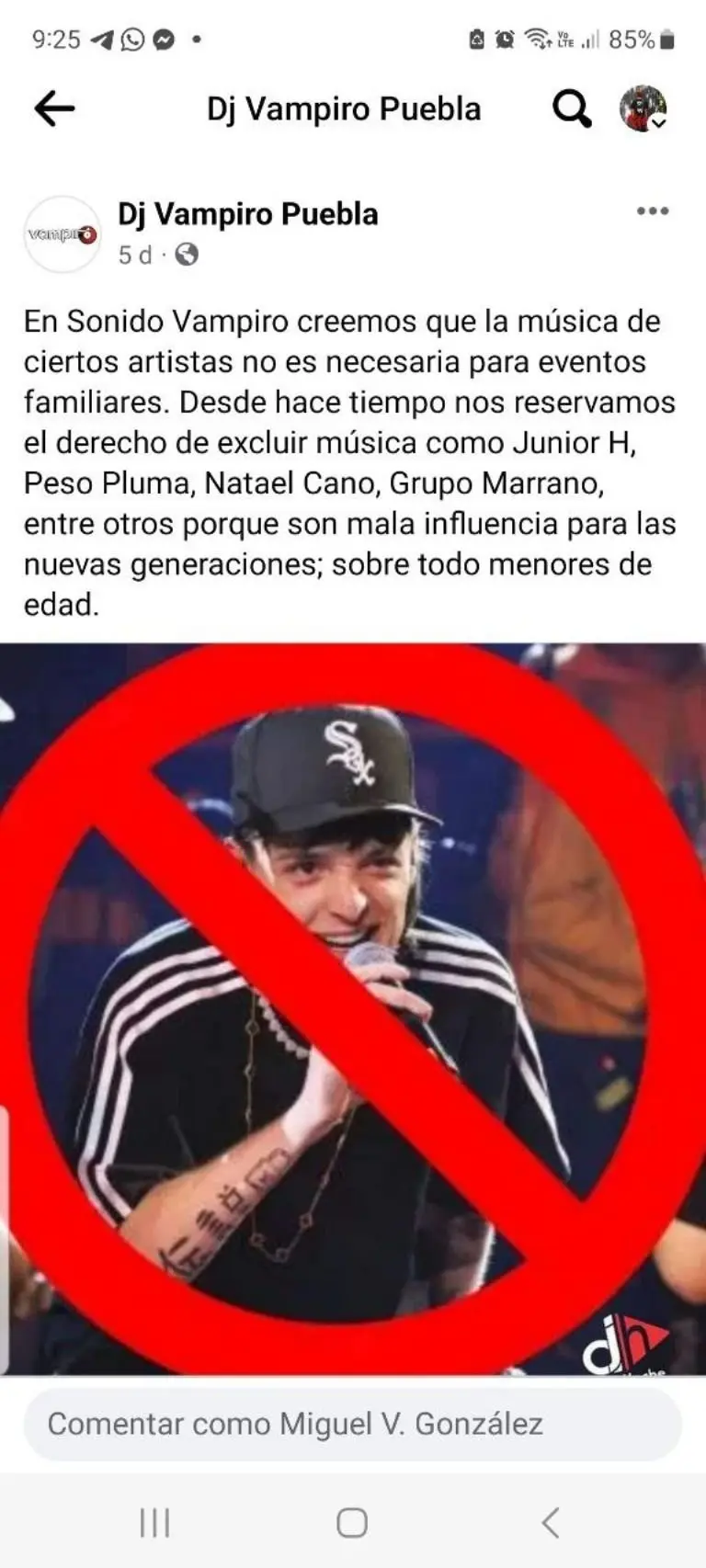 DJ Vampiro decide no poner canciones de Peso Pluma - Facebook