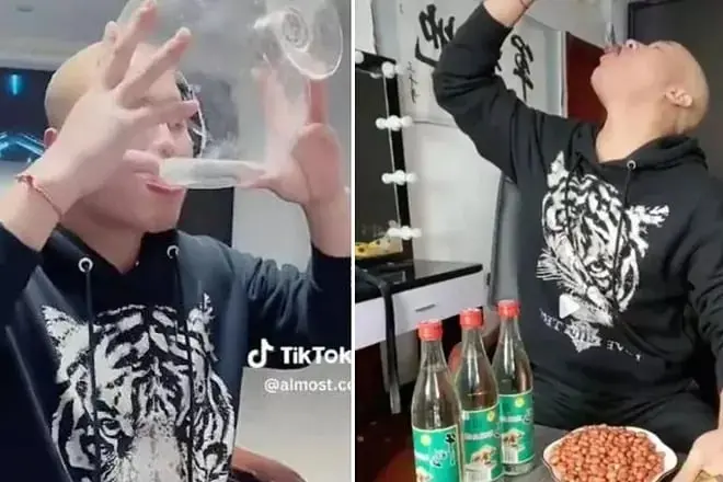El reto consistía en beber Baijiu, bebida alcohólica china cuya gradación oscila entre el 30% y el 60% El reto consistía en beber Baijiu, bebida alcohólica china cuya gradación oscila entre el 30% y el 60%