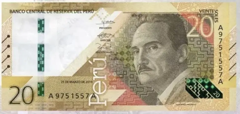 Billete de 20 sole de Perú.